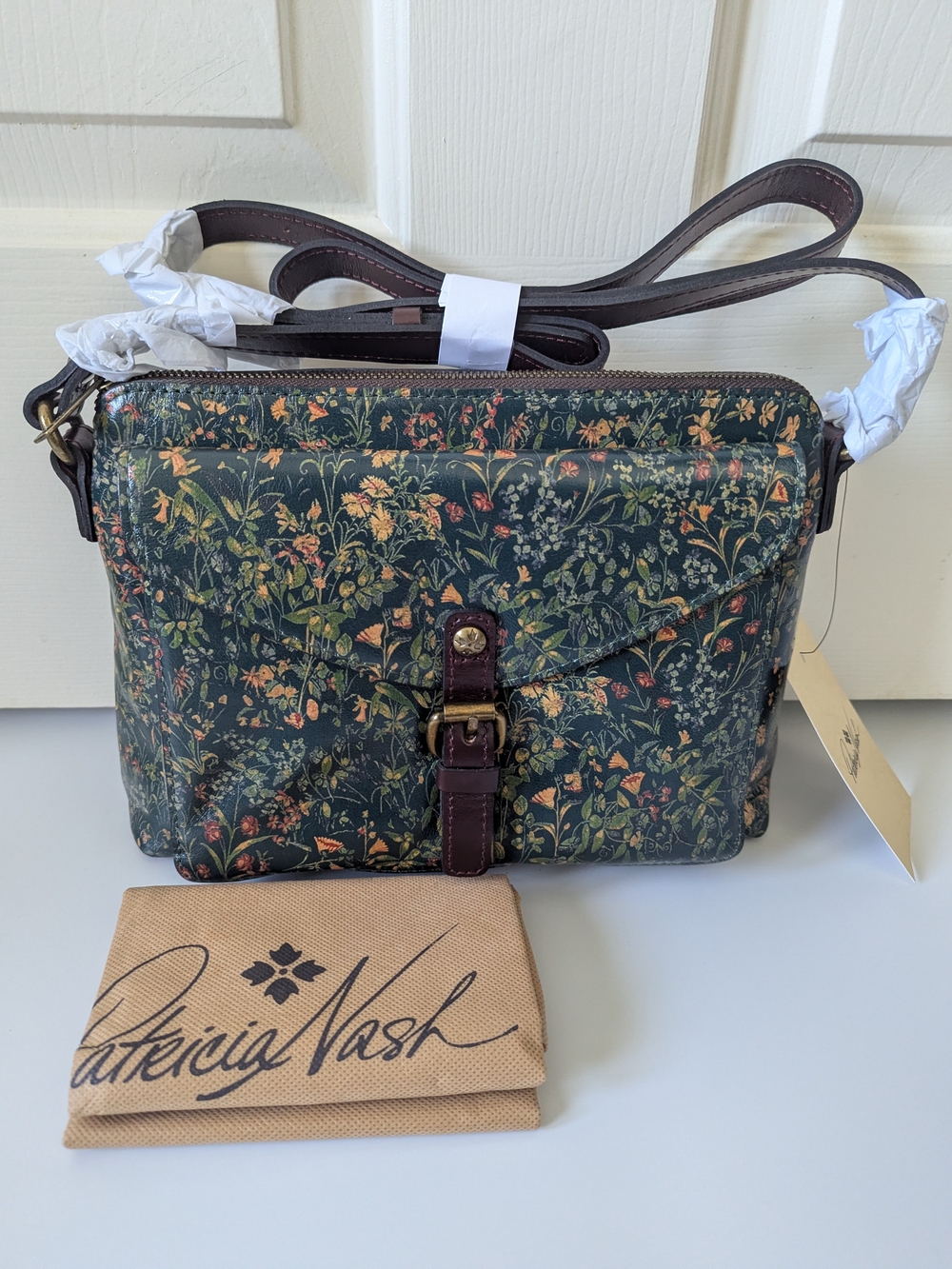 Patricia Nash Green Floral Leather Crossbody with Brown Strap